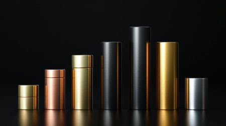 Stacked bar graphs with glossy metallic bars in various heights on a black background, symbolizing revenue and financial performanceの素材