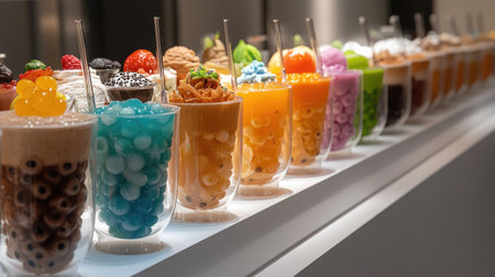A beautifully arranged display of assorted bubble tea cups in various flavors, each adorned with unique toppings and colors, creating a visually appealing and inviting atmosphere.の素材