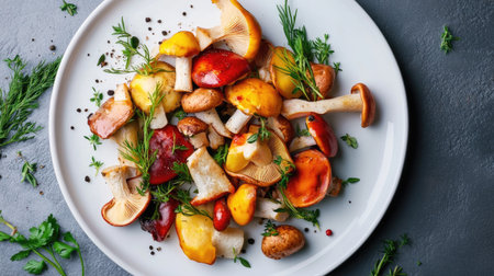 An artistic arrangement of colorful mushrooms on a white plate, garnished with fresh herbs, capturing the essence of gourmet cookingの素材