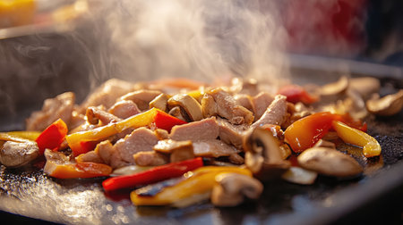 A close-up shot of tender pork sizzling on a hot griddle, surrounded by fresh vegetables like bell peppers and mushrooms, capturing the delicious textures and inviting aromas of this Thai dish.の素材