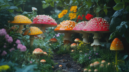 A colorful scene of mushrooms growing in a fairy-tale-like garden, with flowers and greenery surrounding them, creating a whimsical atmosphereの素材
