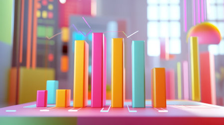 A dynamic D bar chart with colorful bars rising from a flat surface, representing financial data trends, set against a modern digital dashboard interface.の素材