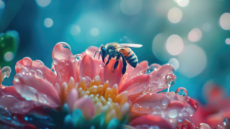 A dynamic shot of a bee perched on a flower, surrounded by water droplets, highlighting the interaction between nature's creatures and the beauty of blooming flowers.の素材