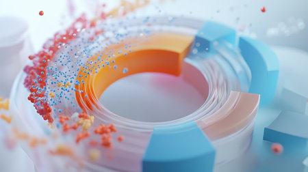 A dynamic D pie chart with spinning segments, surrounded by floating data points, symbolizing real-time business insights and modern data visualization techniques.の素材