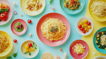 A creative flat lay of various spaghetti dishes, including pesto, carbonara, and bolognese, arranged artistically on plates with colorful ingredients around, showcasing the diversity of flavors.の素材