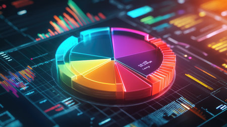 A colorful D pie chart floating in space, with animated sections expanding and contracting, set against a modern digital interface with global financial metrics.の素材