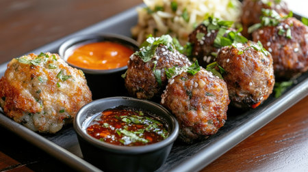 A close-up shot of a plate filled with various types of meatballs, garnished with fresh herbs and served with dipping sauces, showcasing a mouthwatering appetizerの素材