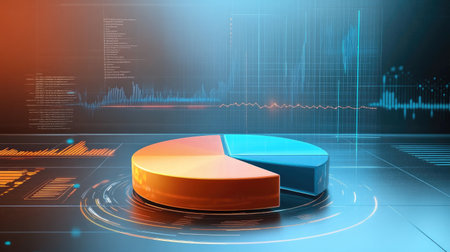 A dynamic D pie chart with rotating segments in different shades of blue and orange, set against a futuristic background with glowing data lines and graphs.の素材