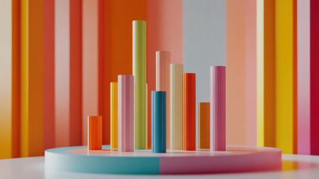A dynamic D bar chart with colorful bars rising from a flat surface, representing financial data trends, set against a modern digital dashboard interface.の素材