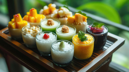 A colorful arrangement of Thai desserts, such as mango sticky rice and coconut puddings, displayed on a wooden tray, showcasing the sweetness and diversity of Thai sweets.の素材