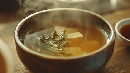 A close-up of a steaming bowl of shabu-shabu broth garnished with herbs and spices, with a side of dipping sauces, highlighting the rich flavors and inviting aromas of the dish.の素材