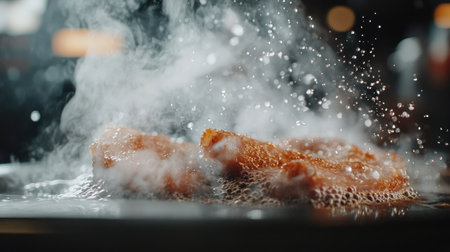 A dynamic shot of crispy pork belly being fried in hot oil, with bubbles and steam creating an enticing atmosphere in a professional kitchen.の素材
