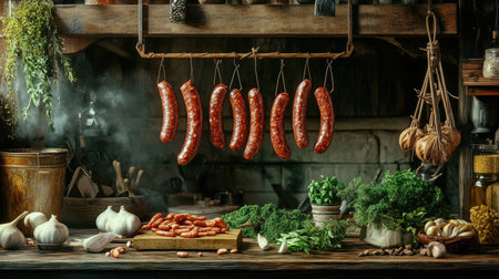 A rustic kitchen scene with homemade sausages hanging from hooks, surrounded by fresh ingredients like garlic, herbs, and spices, illustrating the art of sausage makingの素材