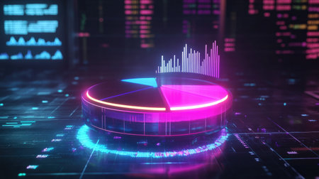 A futuristic D pie chart with glowing neon segments, rotating in mid-air against a dark background filled with data points and graphs, representing financial analytics.の素材