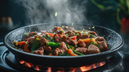 A sizzling skillet on a stovetop with vibrant vegetables and succulent pieces of meat, creating a mouth-watering stir-fry with steam rising, capturing the essence of home cooking.の素材