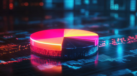 A futuristic D pie chart with glowing neon segments, rotating in mid-air against a dark background filled with data points and graphs, representing financial analytics.の素材