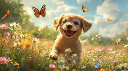 A heartwarming image of a puppy frolicking in a flower-filled meadow, with butterflies fluttering around, symbolizing innocence and the joy of childhood in nature.の素材