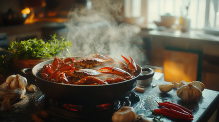 A rustic kitchen scene featuring a steaming pot of crabs being prepared, with fresh ingredients like garlic, chili, and herbs displayed on the countertop, capturing the cooking process.の素材
