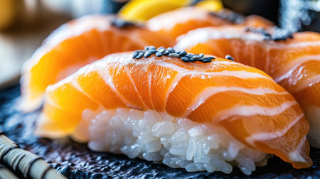 A mouthwatering close-up of a salmon nigiri  piece with glistening fish on top of perfectly molded rice, highlighting the freshness and quality of the ingredients.の素材
