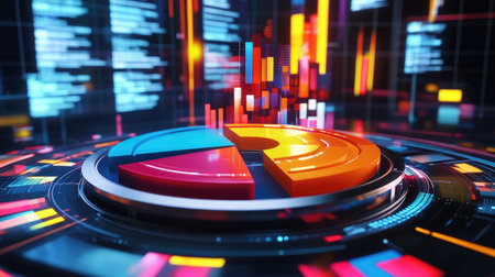 A high-tech D pie chart with bold, colorful segments, each labeled with percentages, hovering above a digital interface filled with business statistics.の素材