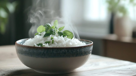 A steaming bowl of fluffy white rice served in a traditional ceramic dish, garnished with fresh herbs, placed on a rustic wooden table, highlighting the comfort of a home-cooked meal.の素材