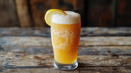 A refreshing glass of frozen beer topped with frothy foam and garnished with a slice of lemon, set against a rustic wooden background, inviting a cool sip on a hot dayの素材