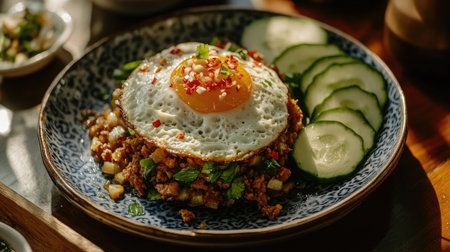 A mouthwatering plate of , featuring fragrant basil, stir-fried minced meat, and a perfectly fried egg on top, served with sliced cucumbers and chilies on the side.の素材