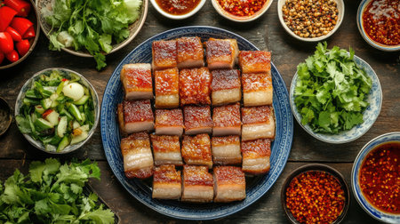A rustic dining scene featuring a serving platter of fried pork belly, surrounded by bowls of spicy sauce and fresh vegetables, inviting family and friends to share a meal.の素材