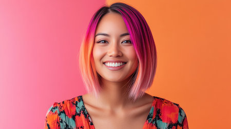 A portrait of a woman with a stylish bob haircut and vibrant hair color, smiling confidently at the camera, embodying contemporary beauty trends in women's hairstyles.の素材