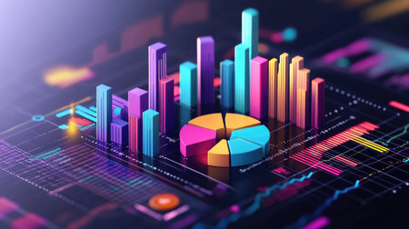 A sleek D financial chart with colorful bars, pie charts, and line graphs, surrounded by futuristic financial data streams on a digital dashboard.の素材