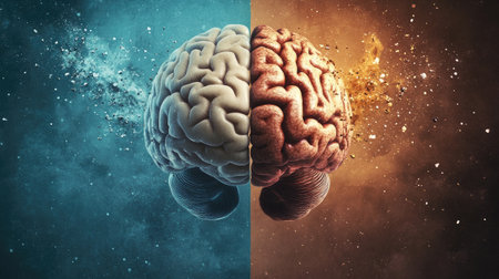 A split-image showing a healthy human brain on one side and an unhealthy brain affected by disease on the other, emphasizing the importance of brain health and awareness.の素材