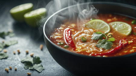 A steaming bowl of Thai soup garnished with slices of fresh chili, cilantro, and lime, showcasing how chilies enhance the flavor and presentation of authentic Thai cuisine.の素材