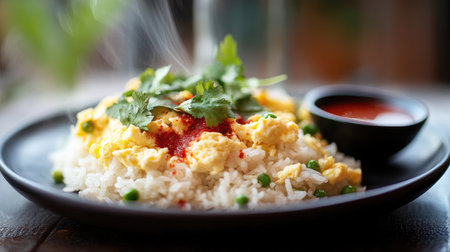A steaming plate of rice topped with fluffy scrambled eggs, garnished with fresh herbs and served with a side of spicy dipping sauce, showcasing a delicious and comforting mealの素材