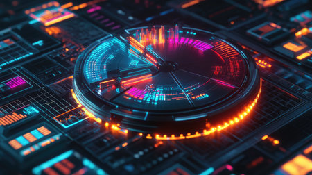 A stylized D pie chart with metallic segments, each segment illuminated by neon lights, set against a high-tech background with data grids and financial metrics displayed.の素材