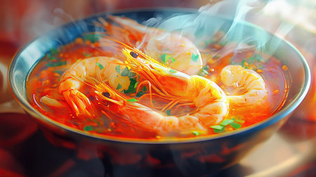 A tantalizing image of a bowl of  with steam rising, showcasing the vibrant red broth and succulent shrimp, emphasizing the dish's irresistible aroma and flavors.の素材