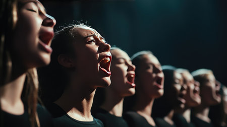 A striking shot of a mixed-gender choir in perfect formation, harmonizing together with their mouths open in song, set against a dramatic backdrop that enhances their performance.の素材