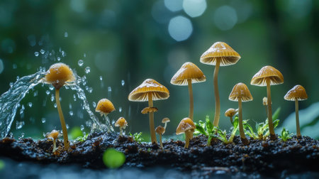 A time-lapse-style photo showing the growth of mushrooms over a few days, with images capturing watering and nurturing, from small sprouts to full-grown fungiの素材