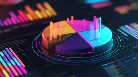 A vibrant D pie chart with colorful segments, each section rising from the base, symbolizing market share data, displayed on a modern, sleek digital dashboard.の素材