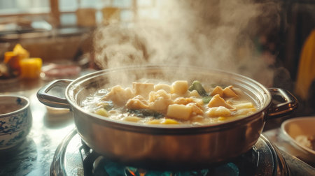 A traditional Japanese hotpot nabe bubbling with fresh ingredients like mushrooms, tofu, and vegetables, with steam rising from the pot in a warm, inviting setting.の素材