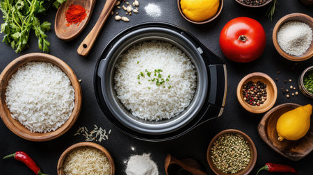 A vibrant image of a rice cooker with freshly cooked rice spilling out, surrounded by bowls and ingredients for a delicious homemade dish, emphasizing the joy of cooking.の素材