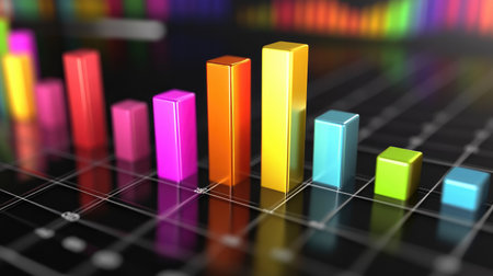 A vibrant D bar chart with glowing, metallic bars in different heights, showcasing business growth metrics, with abstract data patterns in the background.の素材