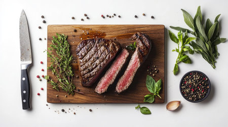 A vibrant composition featuring a steak on a cutting board, surrounded by fresh herbs, spices, and a knife, emphasizing the ingredients used in preparing this delicious meal, with a stark white background.の素材