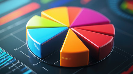 A vibrant D pie chart with colorful segments, each section rising from the base, symbolizing market share data, displayed on a modern, sleek digital dashboard.の素材