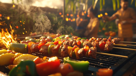 A vibrant barbecue scene featuring marinated meat skewers sizzling on the grill, surrounded by colorful vegetables, smoke rising, and friends enjoying a summer cookout in the background.の素材