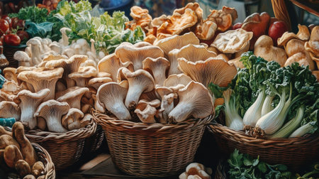 A vibrant market scene showcasing a variety of king oyster mushrooms displayed in baskets, surrounded by other fresh vegetables and herbs, highlighting their culinary appeal.の素材