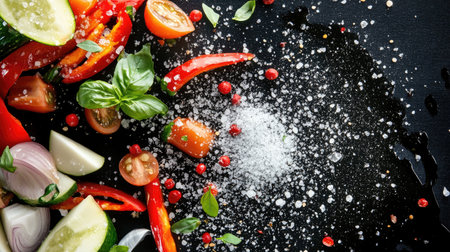 A traditional Thai dish being prepared with a sprinkle of cooking salt, fresh vegetables, and vibrant spices, emphasizing the key role of salt in achieving authentic flavors.の素材