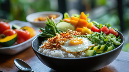 A vibrant breakfast scene featuring a bowl of rice with scrambled eggs, alongside fresh vegetables and fruits, emphasizing a wholesome start to the dayの素材