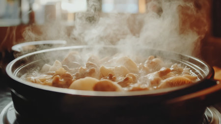 A traditional Japanese hotpot nabe bubbling with fresh ingredients like mushrooms, tofu, and vegetables, with steam rising from the pot in a warm, inviting setting.の素材