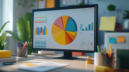 A close-up of a D pie chart on a computer screen, showcasing different colored segments with clear labels, surrounded by office supplies and data reports.の素材