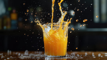An artistic shot of a splash of  being poured from a bottle into a glass, with droplets and splashes captured mid-air, highlighting the freshness and vitality of the juice.の素材